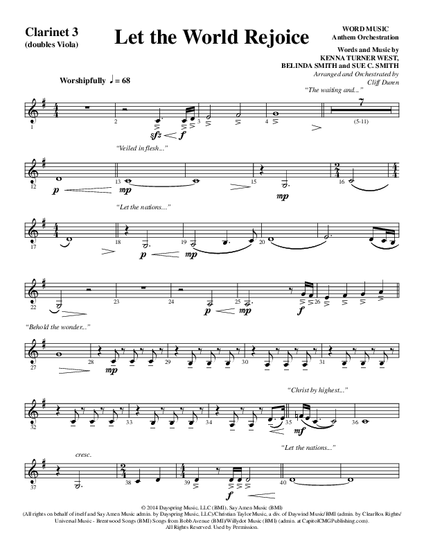 Let The World Rejoice (Choral Anthem SATB) Clarinet 3 (Word Music Choral / Arr. Cliff Duren)