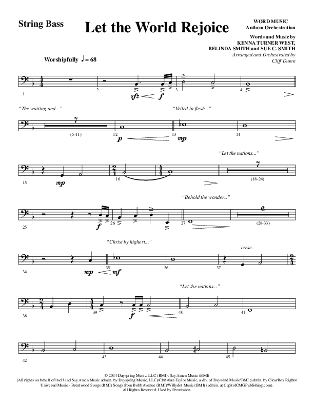 Let The World Rejoice (Choral Anthem SATB) Double Bass (Word Music Choral / Arr. Cliff Duren)