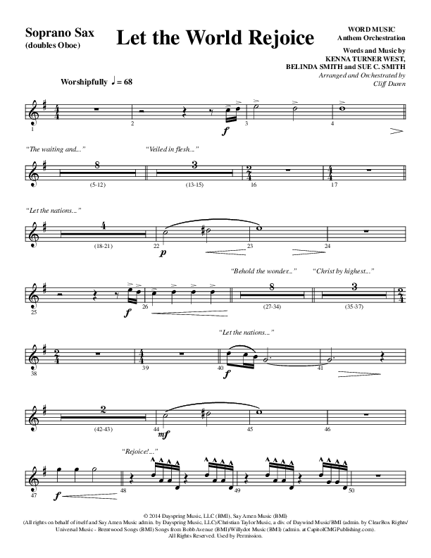 Let The World Rejoice (Choral Anthem SATB) Soprano Sax (Word Music Choral / Arr. Cliff Duren)