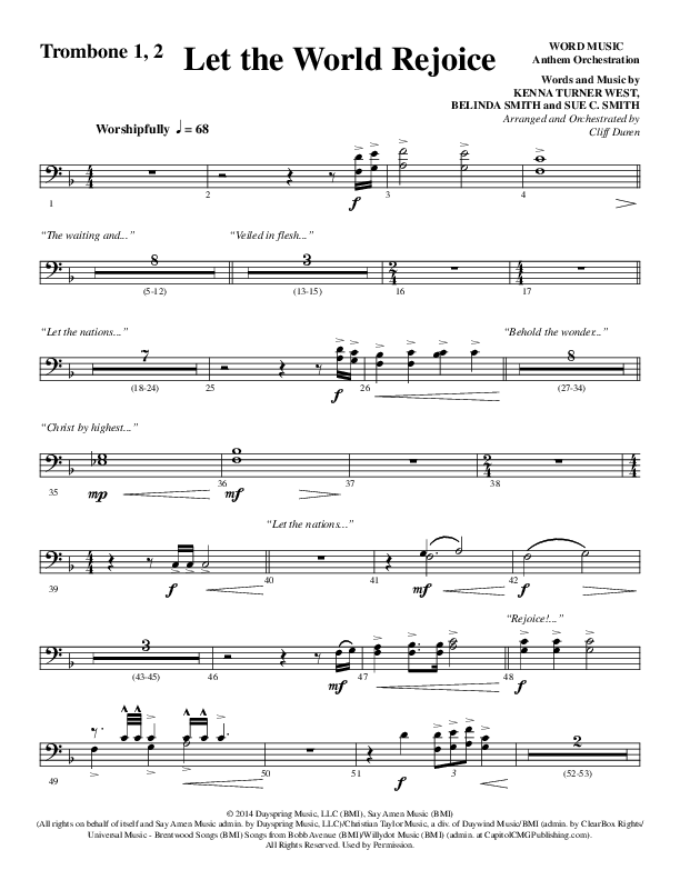 Let The World Rejoice (Choral Anthem SATB) Trombone 1/2 (Word Music Choral / Arr. Cliff Duren)