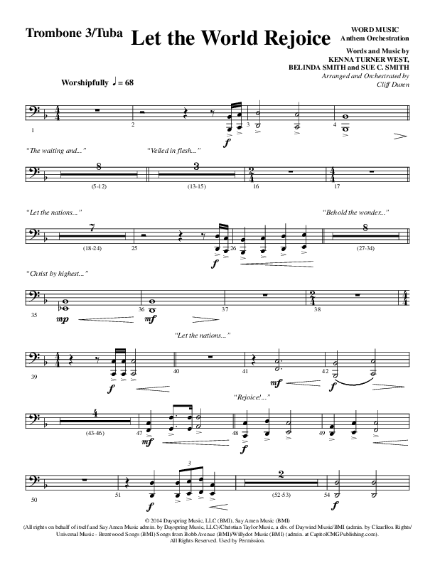 Let The World Rejoice (Choral Anthem SATB) Trombone 3/Tuba (Word Music Choral / Arr. Cliff Duren)