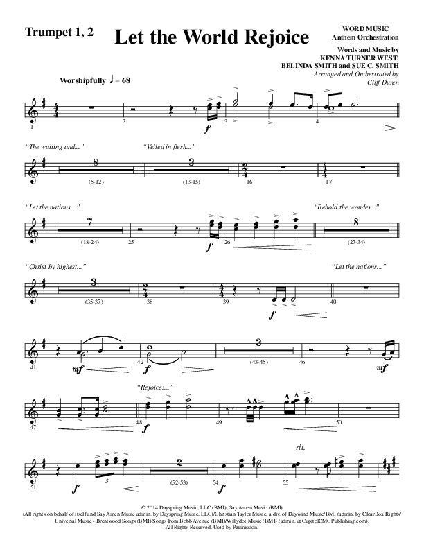 Let The World Rejoice (Choral Anthem SATB) Trumpet 1,2 (Word Music Choral / Arr. Cliff Duren)