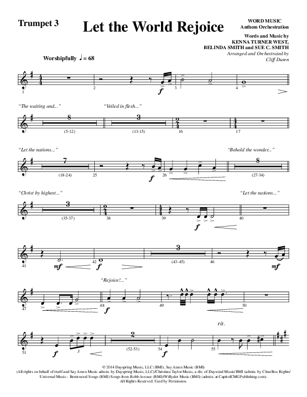 Let The World Rejoice (Choral Anthem SATB) Trumpet 3 (Word Music Choral / Arr. Cliff Duren)