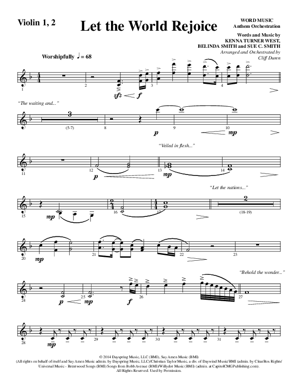 Let The World Rejoice (Choral Anthem SATB) Violin 1/2 (Word Music Choral / Arr. Cliff Duren)