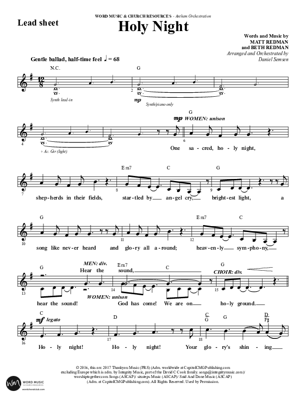 Holy Night (Choral Anthem SATB) Lead Sheet (Melody) (Word Music Choral / Arr. Daniel Semsen)