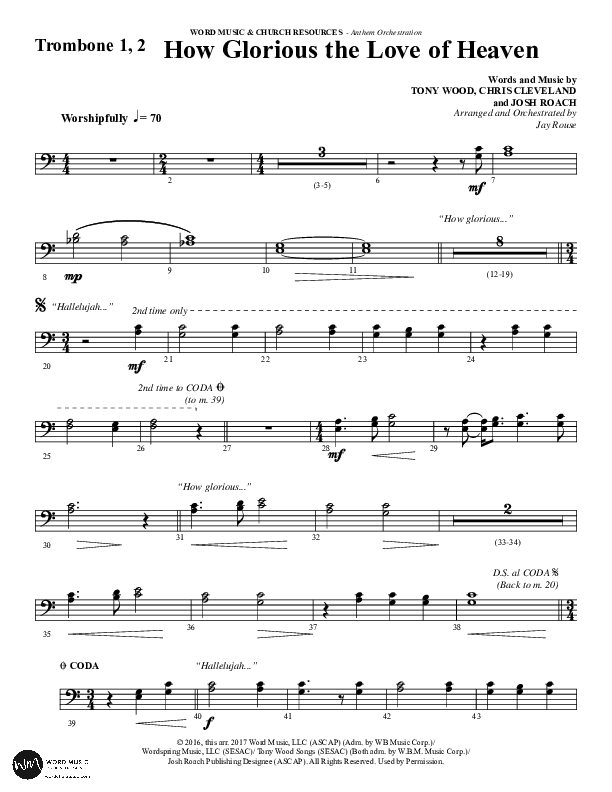 How Glorious The Love Of Heaven (Choral Anthem SATB) Trombone 1/2 (Word Music Choral / Arr. Jay Rouse)