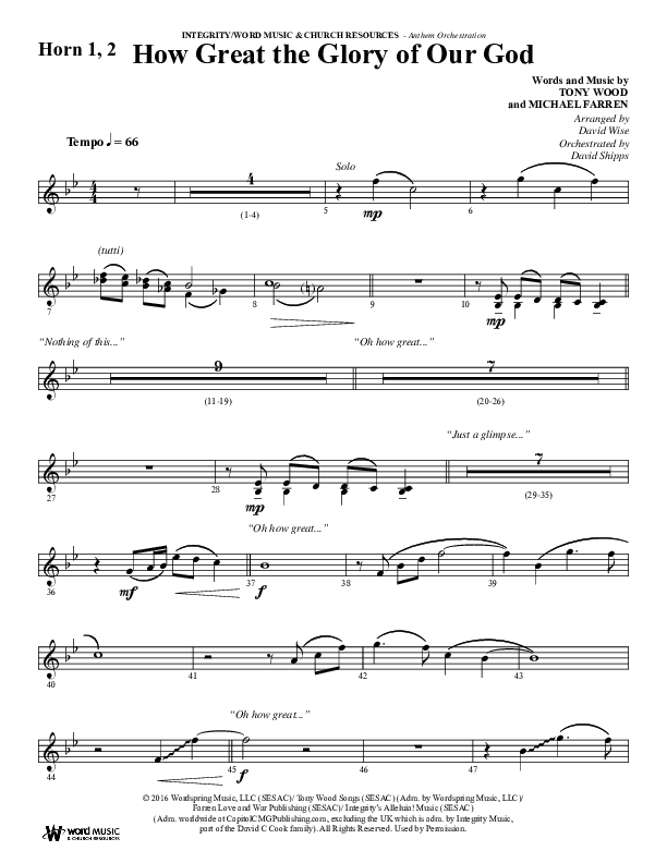 How Great The Glory Of Our God (Choral Anthem SATB) French Horn 1/2 (Word Music Choral / Arr. David Wise / Arr. David Shipps)