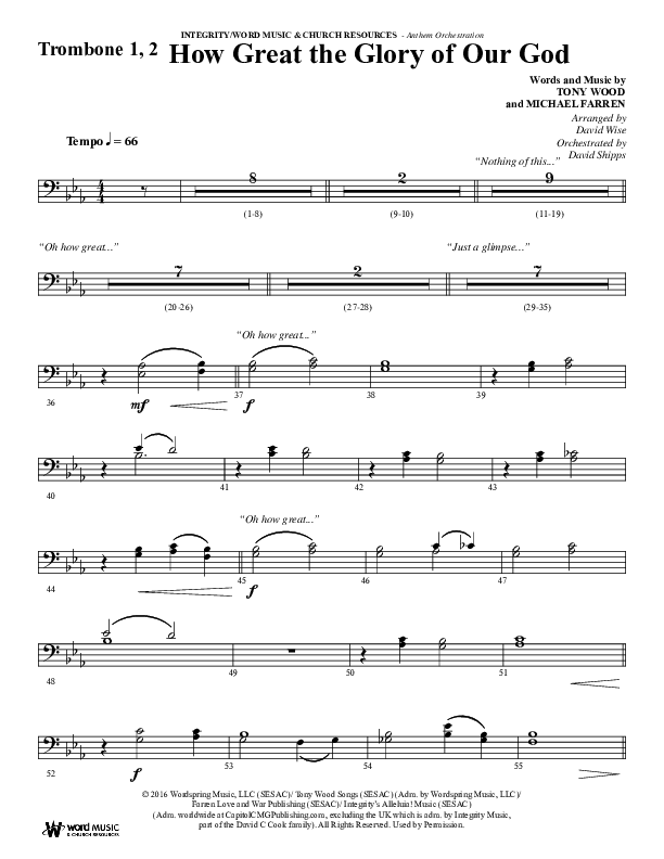 How Great The Glory Of Our God (Choral Anthem SATB) Trombone 1/2 (Word Music Choral / Arr. David Wise / Arr. David Shipps)
