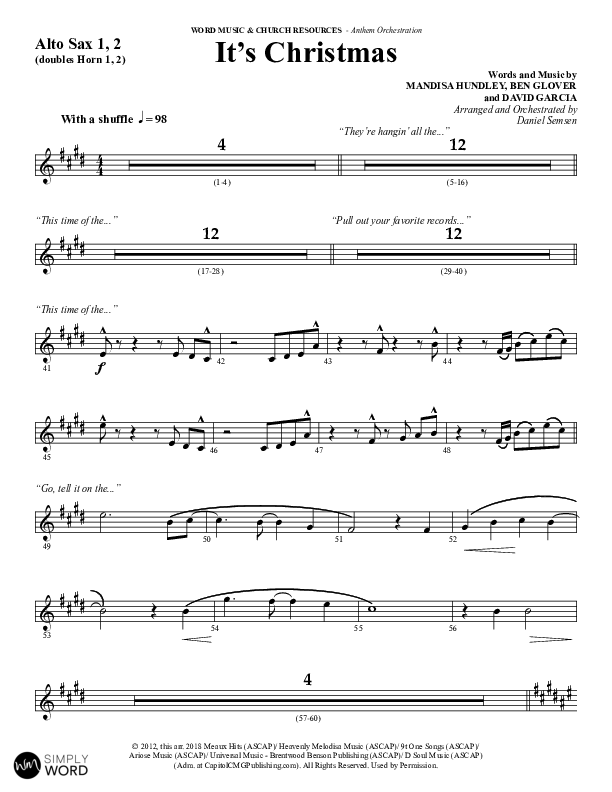 It's Christmas (Choral Anthem SATB) Alto Sax 1/2 (Word Music Choral / Arr. Daniel Semsen)
