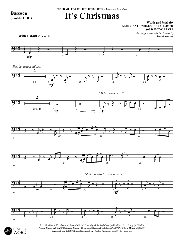 It's Christmas (Choral Anthem SATB) Bassoon (Word Music Choral / Arr. Daniel Semsen)