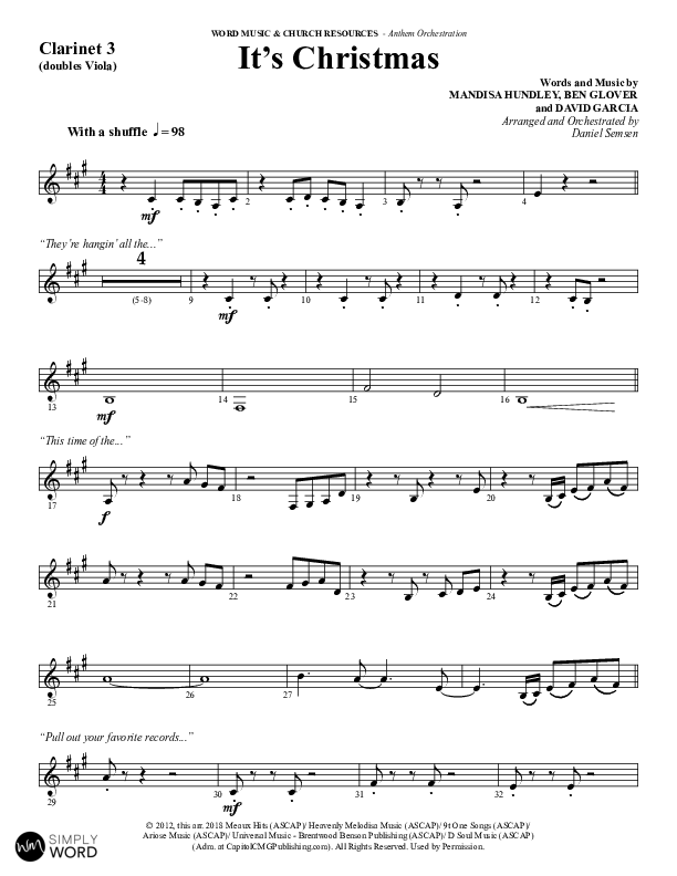 It's Christmas (Choral Anthem SATB) Clarinet 3 (Word Music Choral / Arr. Daniel Semsen)