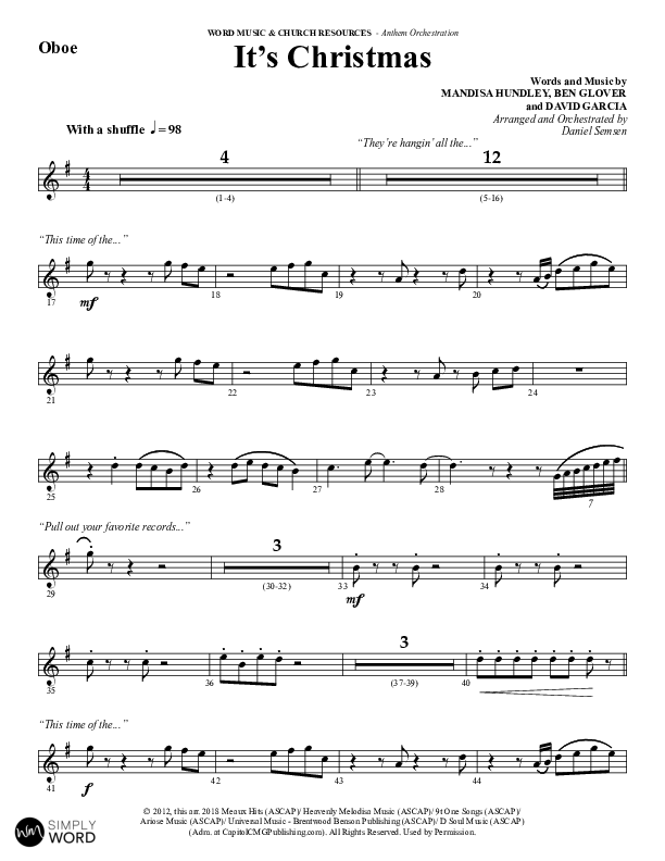 It's Christmas (Choral Anthem SATB) Oboe (Word Music Choral / Arr. Daniel Semsen)
