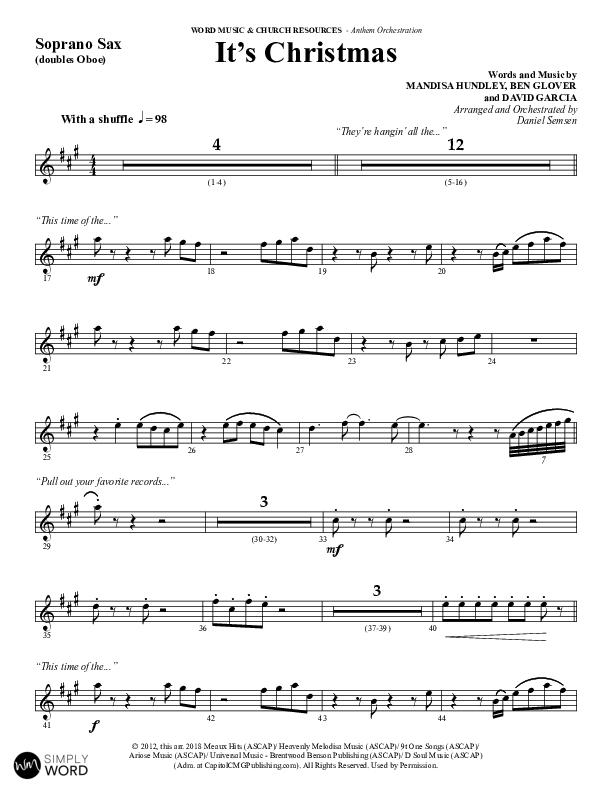 It's Christmas (Choral Anthem SATB) Soprano Sax (Word Music Choral / Arr. Daniel Semsen)