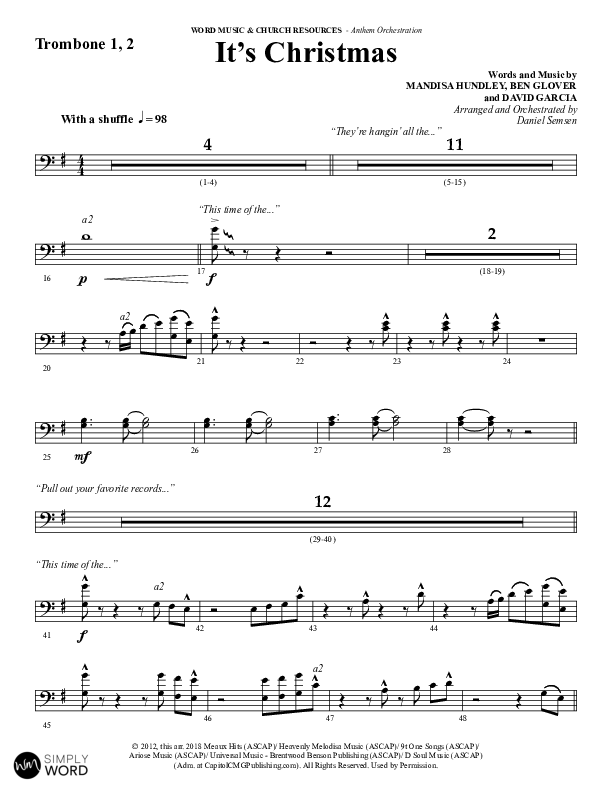 It's Christmas (Choral Anthem SATB) Trombone 1/2 (Word Music Choral / Arr. Daniel Semsen)