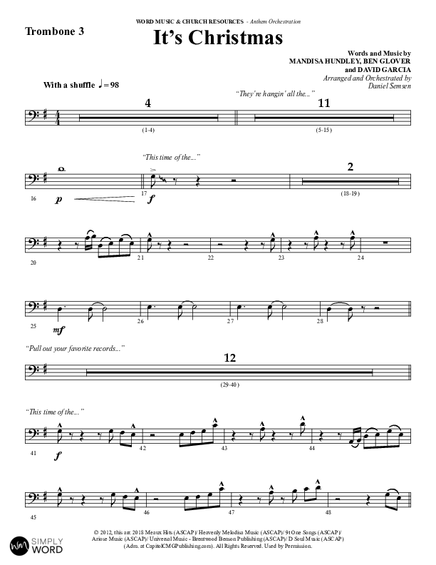 It's Christmas (Choral Anthem SATB) Trombone 3 (Word Music Choral / Arr. Daniel Semsen)