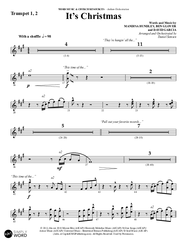 It's Christmas (Choral Anthem SATB) Trumpet 1,2 (Word Music Choral / Arr. Daniel Semsen)