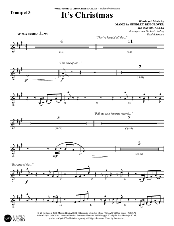 It's Christmas (Choral Anthem SATB) Trumpet 3 (Word Music Choral / Arr. Daniel Semsen)