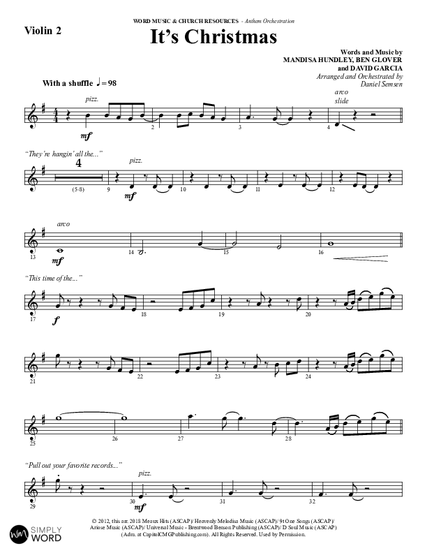 It's Christmas (Choral Anthem SATB) Violin 2 (Word Music Choral / Arr. Daniel Semsen)