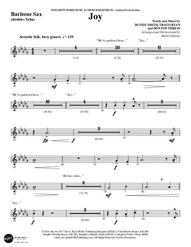 Joy (Choral Anthem SATB) Bari Sax (Word Music Choral / Arr. Daniel Semsen)