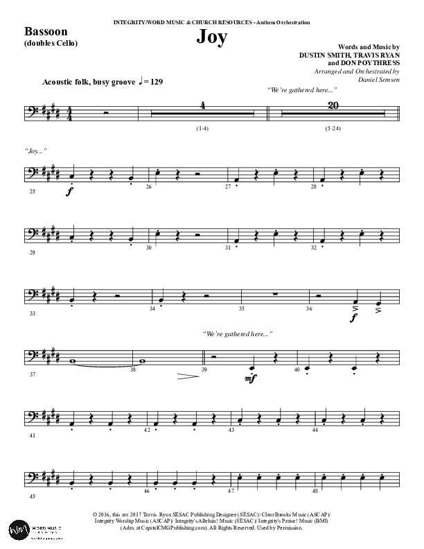 Joy (Choral Anthem SATB) Bassoon (Word Music Choral / Arr. Daniel Semsen)