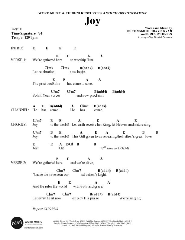 Joy (Choral Anthem SATB) Chord Chart (Word Music Choral / Arr. Daniel Semsen)
