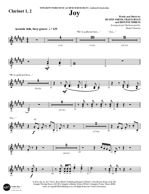 Joy (Choral Anthem SATB) Clarinet 1/2 (Word Music Choral / Arr. Daniel Semsen)