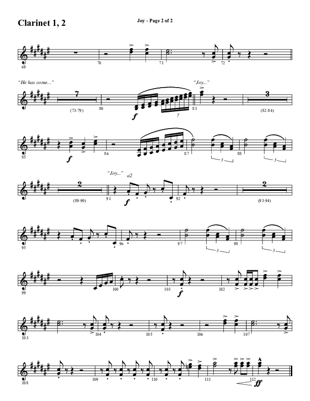 Joy (Choral Anthem SATB) Clarinet 1/2 (Word Music Choral / Arr. Daniel Semsen)