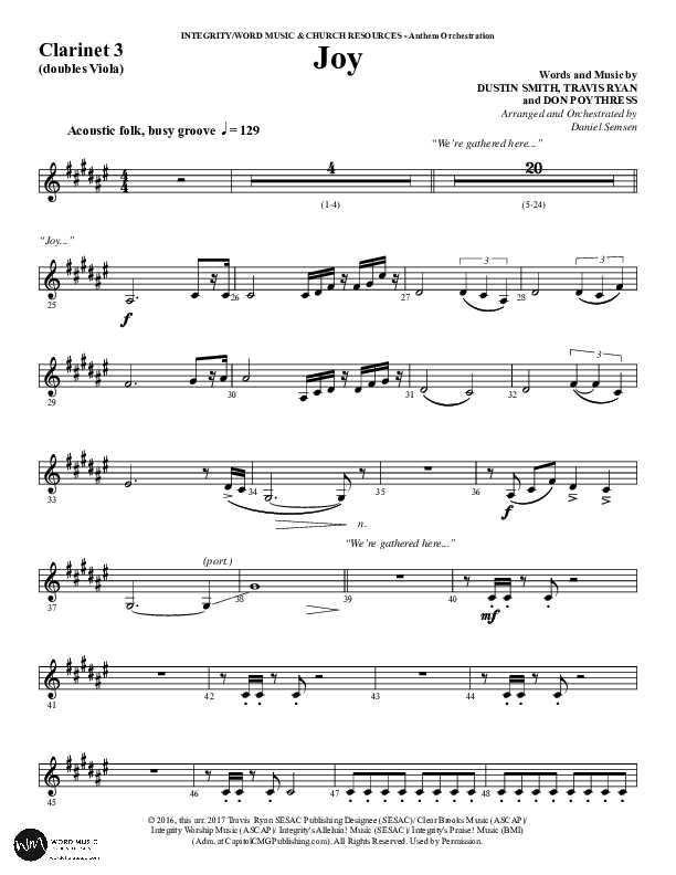 Joy (Choral Anthem SATB) Clarinet 3 (Word Music Choral / Arr. Daniel Semsen)