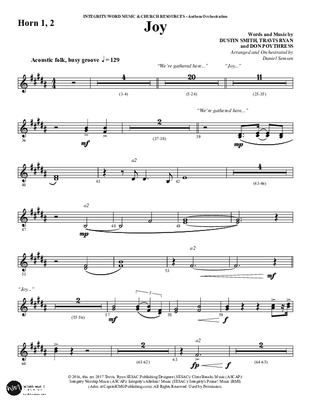 Joy (Choral Anthem SATB) French Horn 1/2 (Word Music Choral / Arr. Daniel Semsen)