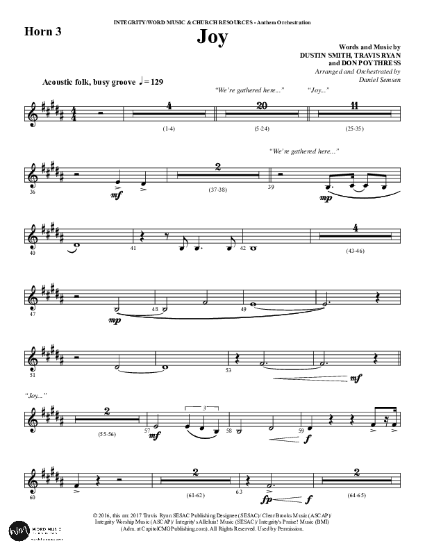 Joy (Choral Anthem SATB) French Horn 3 (Word Music Choral / Arr. Daniel Semsen)