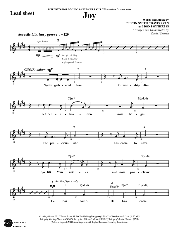 Joy (Choral Anthem SATB) Lead Sheet (Melody) (Word Music Choral / Arr. Daniel Semsen)