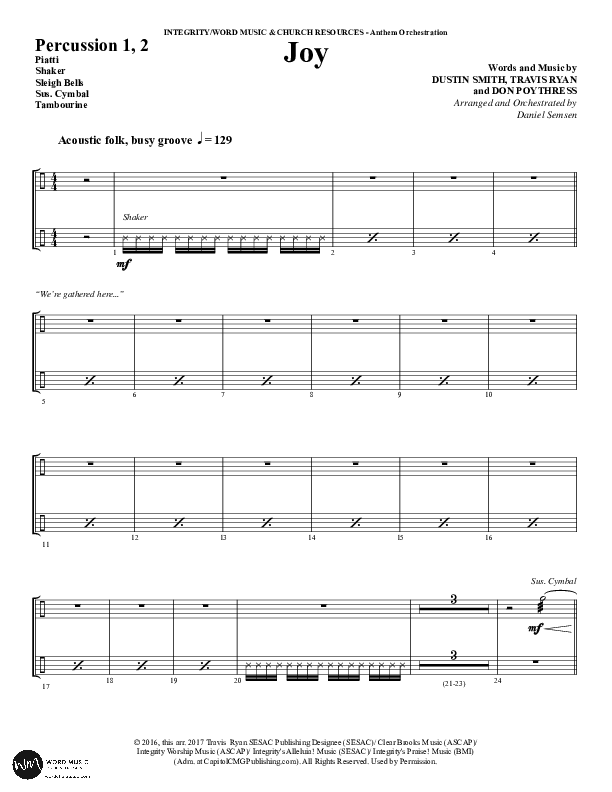 Joy (Choral Anthem SATB) Percussion 1/2 (Word Music Choral / Arr. Daniel Semsen)