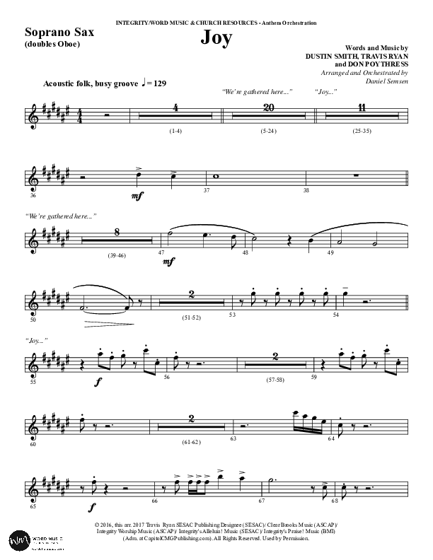 Joy (Choral Anthem SATB) Soprano Sax (Word Music Choral / Arr. Daniel Semsen)