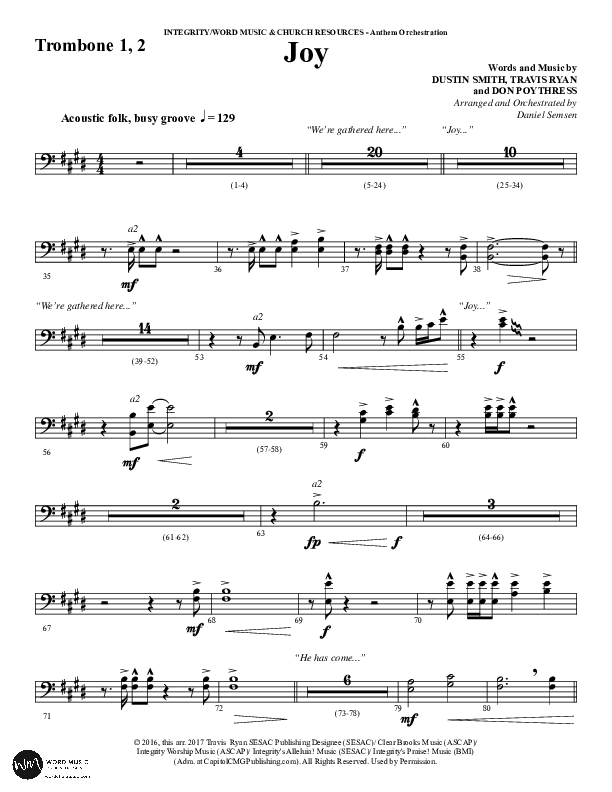 Joy (Choral Anthem SATB) Trombone 1/2 (Word Music Choral / Arr. Daniel Semsen)