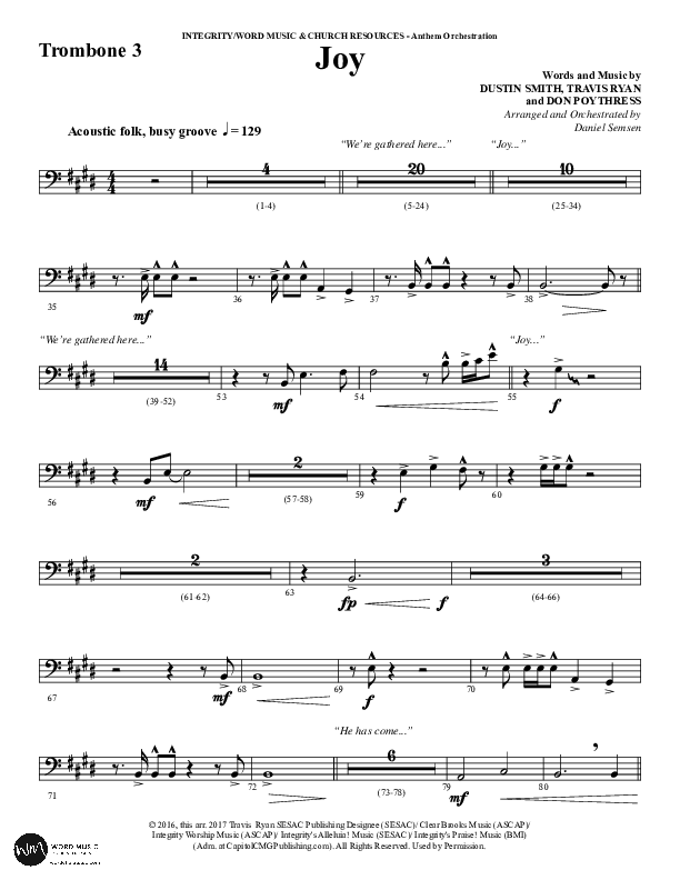 Joy (Choral Anthem SATB) Trombone 3 (Word Music Choral / Arr. Daniel Semsen)