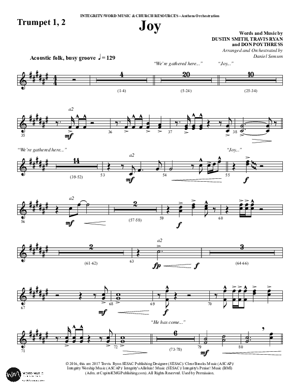 Joy (Choral Anthem SATB) Trumpet 1,2 (Word Music Choral / Arr. Daniel Semsen)