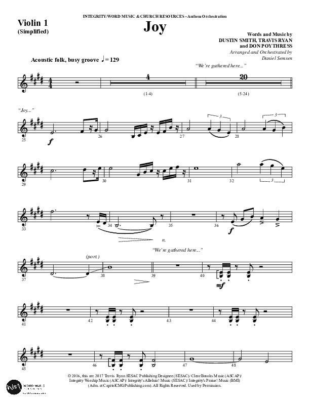 Joy (Choral Anthem SATB) Violin 1 (Word Music Choral / Arr. Daniel Semsen)