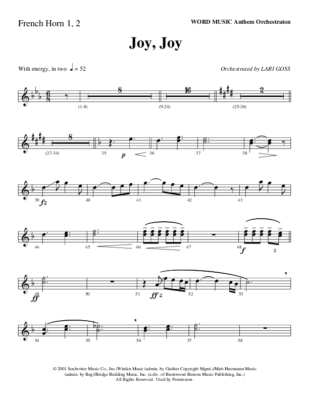 Joy Joy (Choral Anthem SATB) French Horn 1/2 (Word Music Choral / Arr. Mike Speck / Arr. Lari Goss / Arr. Danny Zaloudik)