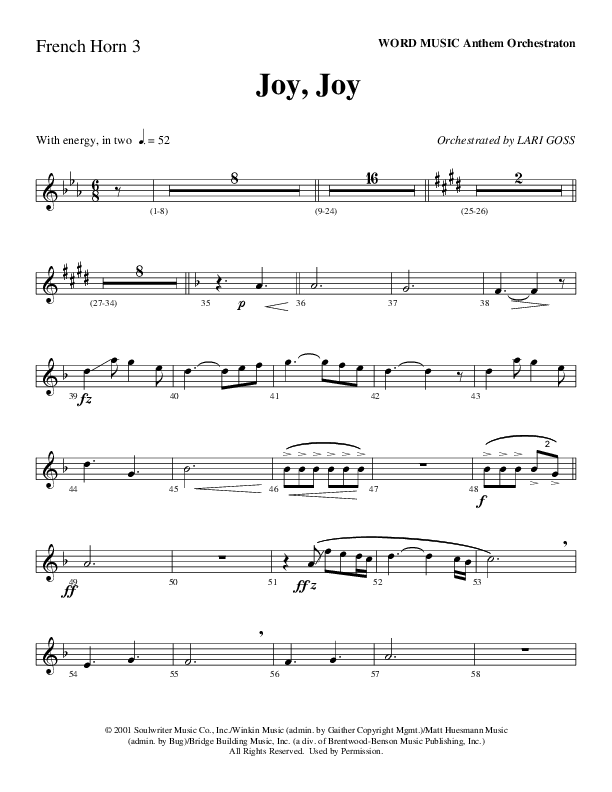 Joy Joy (Choral Anthem SATB) French Horn 3 (Word Music Choral / Arr. Mike Speck / Arr. Lari Goss / Arr. Danny Zaloudik)