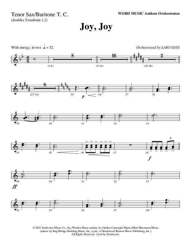 Joy Joy (Choral Anthem SATB) Tenor Sax/Baritone T.C. (Word Music Choral / Arr. Mike Speck / Arr. Lari Goss / Arr. Danny Zaloudik)