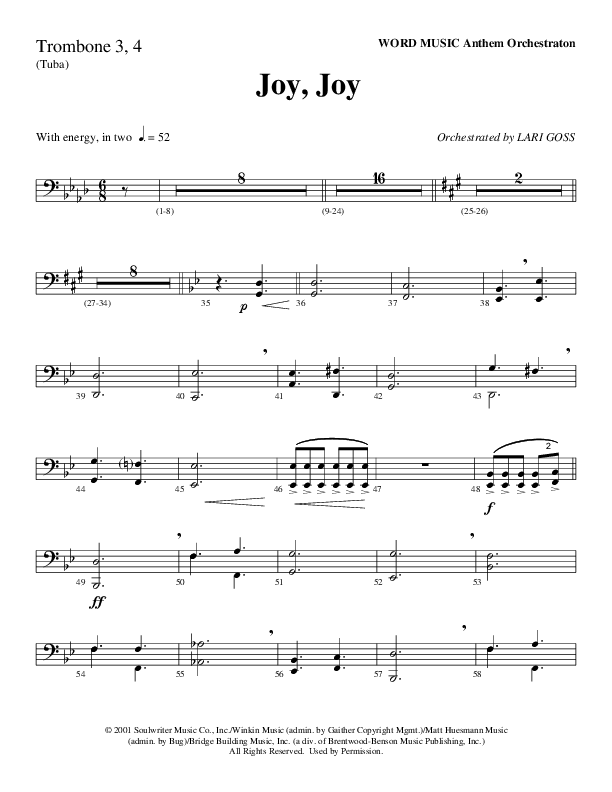 Joy Joy (Choral Anthem SATB) Trombone 3/4 (Word Music Choral / Arr. Mike Speck / Arr. Lari Goss / Arr. Danny Zaloudik)