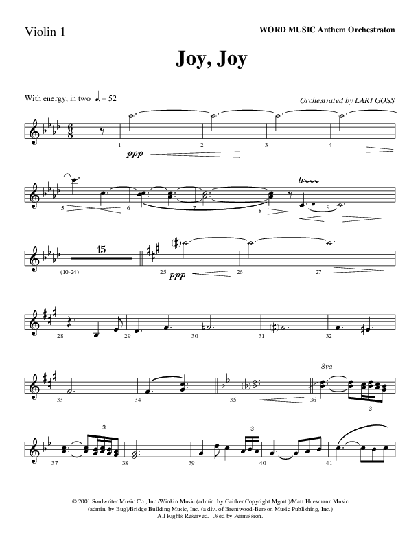 Joy Joy (Choral Anthem SATB) Violin 1 (Word Music Choral / Arr. Mike Speck / Arr. Lari Goss / Arr. Danny Zaloudik)