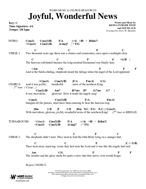 Joyful Wonderful News (Choral Anthem SATB) Chord Chart (Word Music Choral / Arr. Steve Mauldin)