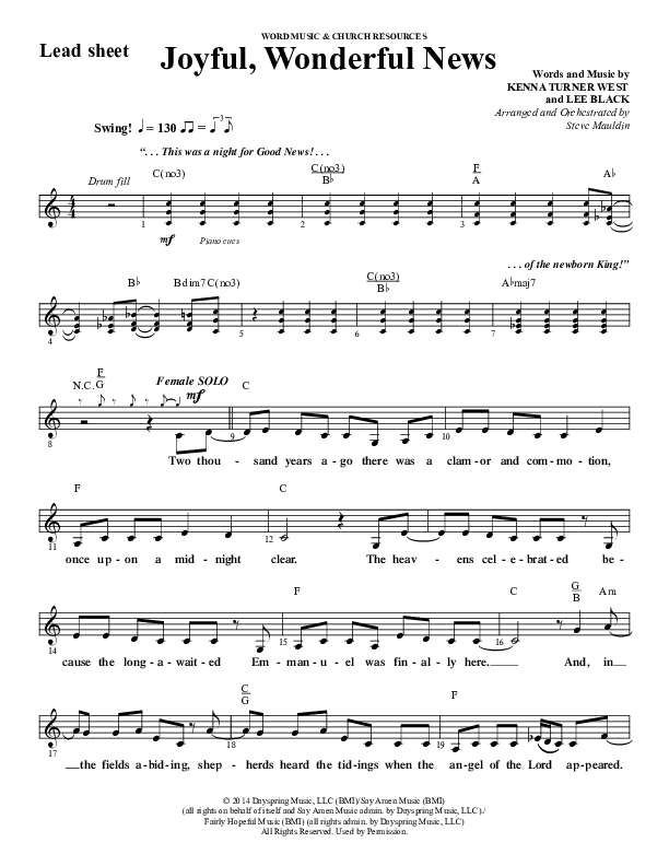 Joyful Wonderful News (Choral Anthem SATB) Lead Sheet (Melody) (Word Music Choral / Arr. Steve Mauldin)
