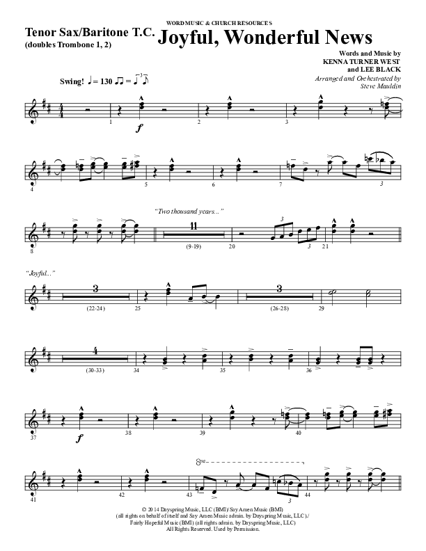 Joyful Wonderful News (Choral Anthem SATB) Tenor Sax/Baritone T.C. (Word Music Choral / Arr. Steve Mauldin)