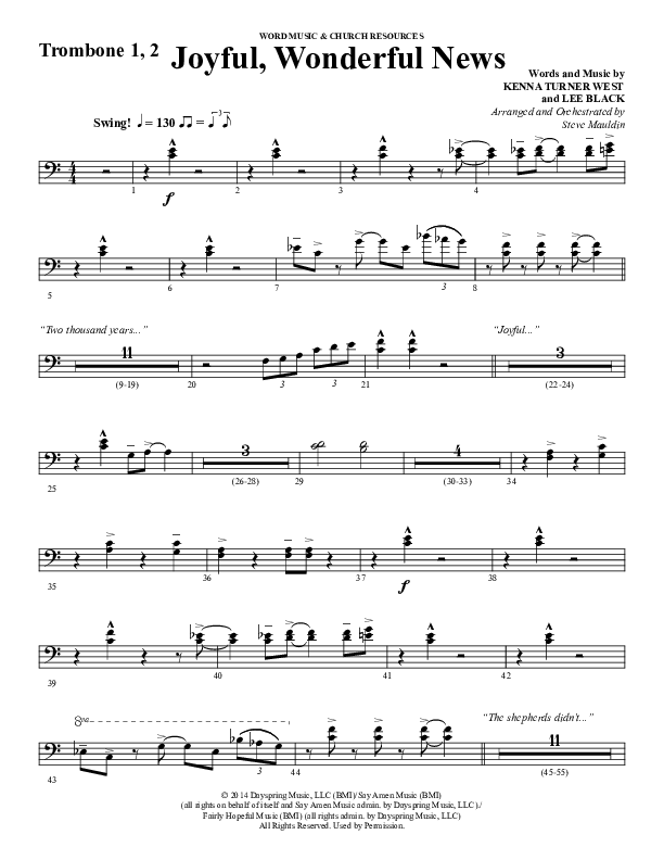 Joyful Wonderful News (Choral Anthem SATB) Trombone 1/2 (Word Music Choral / Arr. Steve Mauldin)