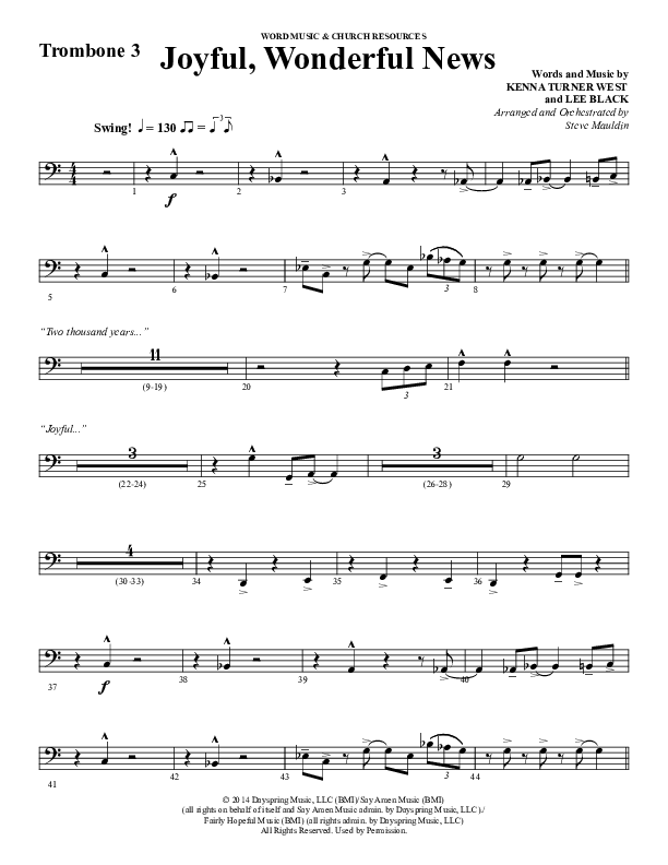 Joyful Wonderful News (Choral Anthem SATB) Trombone 3 (Word Music Choral / Arr. Steve Mauldin)