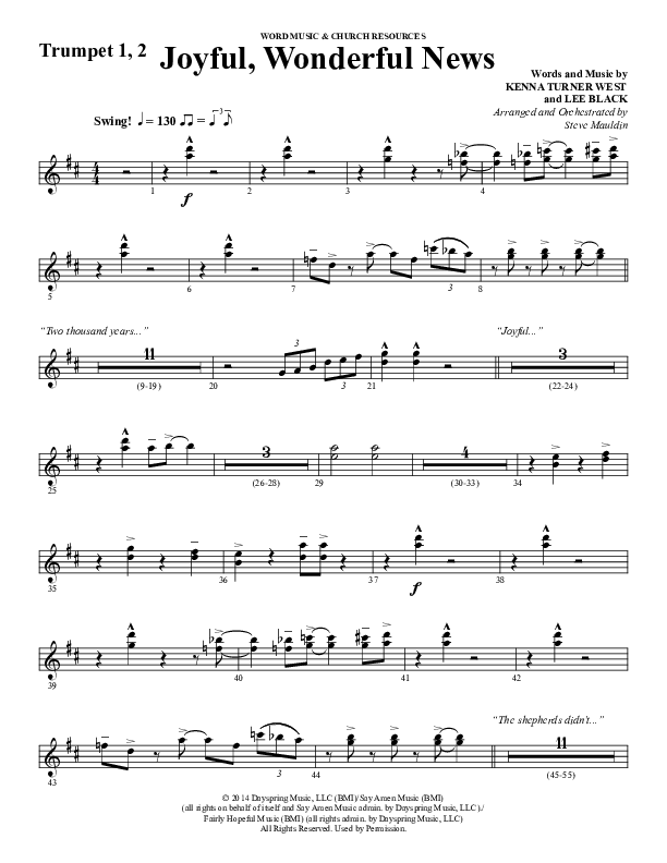 Joyful Wonderful News (Choral Anthem SATB) Trumpet 1,2 (Word Music Choral / Arr. Steve Mauldin)