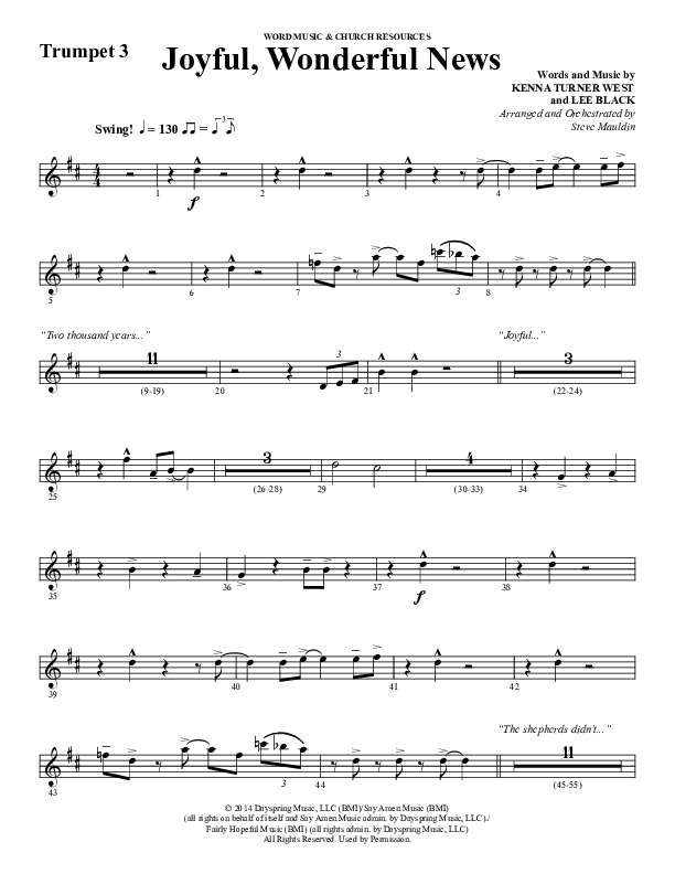 Joyful Wonderful News (Choral Anthem SATB) Trumpet 3 (Word Music Choral / Arr. Steve Mauldin)