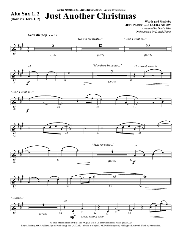 Just Another Christmas (Choral Anthem SATB) Alto Sax 1/2 (Word Music Choral / Arr. David Wise / Arr. David Shipps)